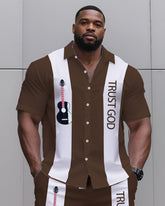 Big & Tall Men's Daily Leisure. TRUST GOD Striped Contrast Printed Shirt Shorts Suit